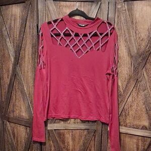 Chic Women's Red Cutout Long Sleeve Top